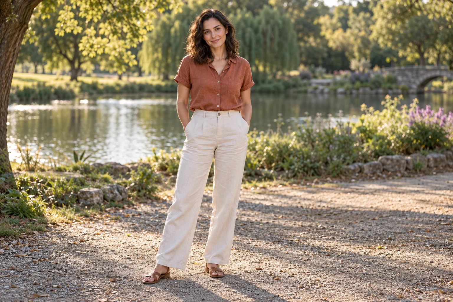 Woman in a terracotta shirt and cream trousers standing in a sunny park