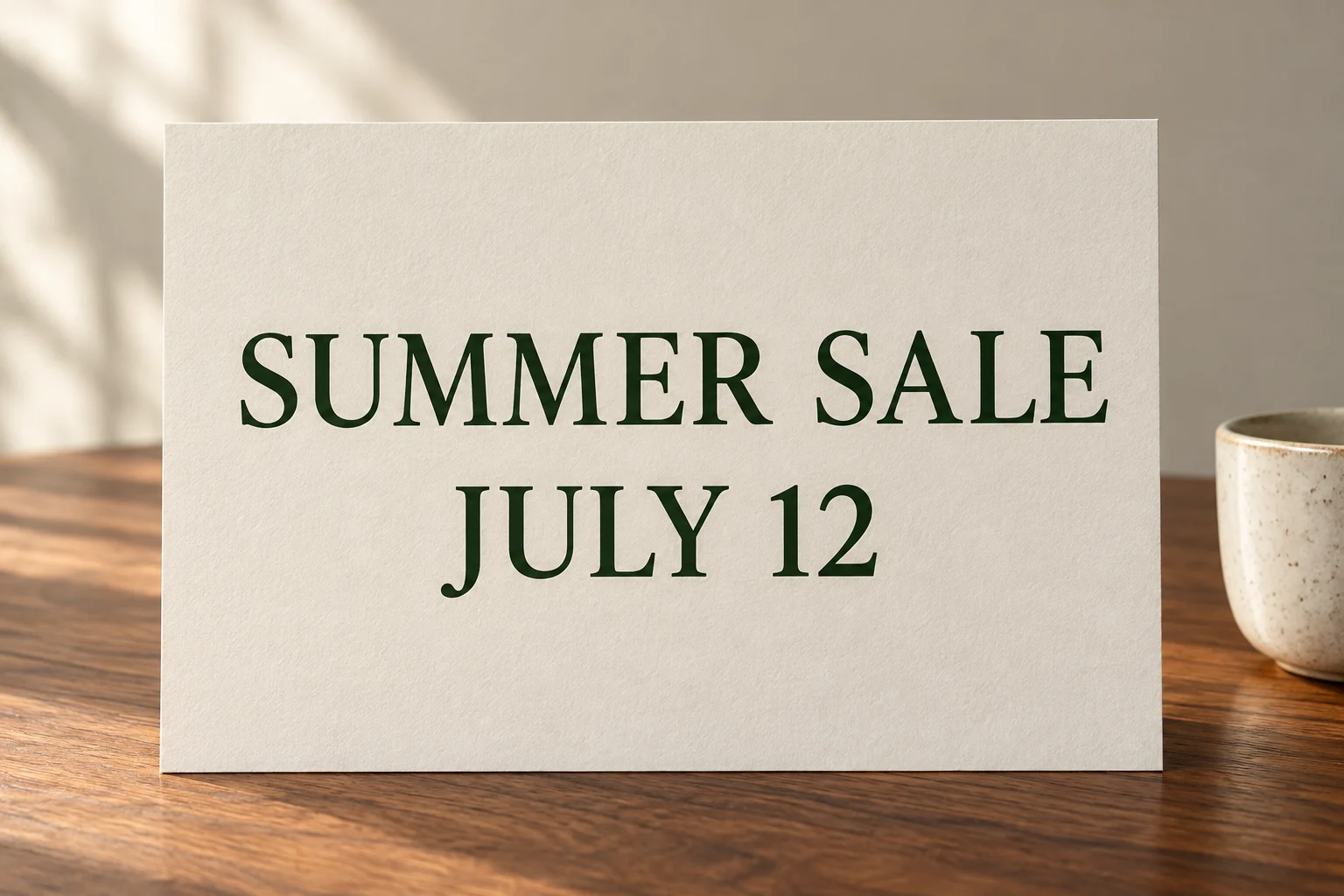 Cream paper card on a walnut desk reading SUMMER SALE and JULY 12